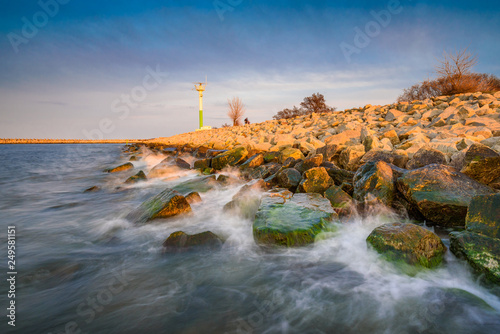 Sea waves crashing against the rocks in Gorki Zachodnie, Baltice Sea, Gdansk, Poland.