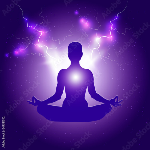 Silhouette of Person in yoga lotus asana on dark blue purple starry background with light or lightning bolts
