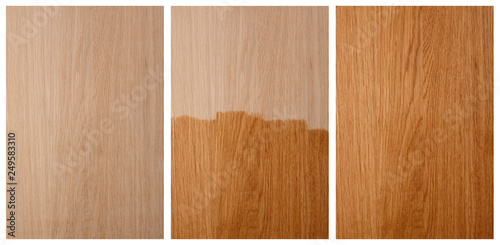 The process of coating a new wooden surface with varnish or oil. A set of 3 images of the same panel.