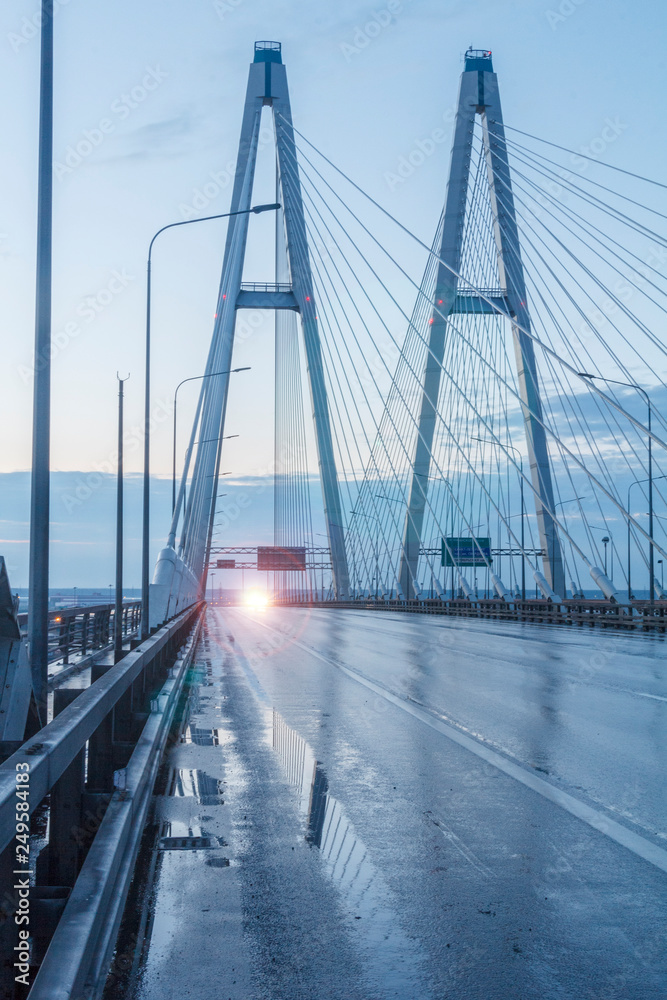 Big Obukhov bridge, early morning. Cable-stayed bridge, Russia St. Petersburg. 10.05.2014 05: 09 am
