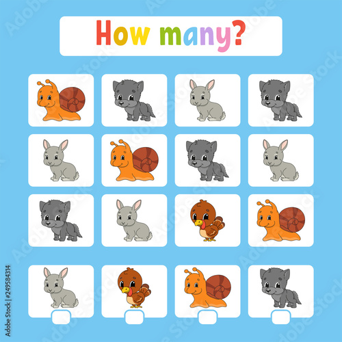 Fototapeta Naklejka Na Ścianę i Meble -  Counting game for children of preschool age. Learning mathematics. How many animals in the picture. With space for answers. Simple flat isolated vector illustration in cute cartoon style.