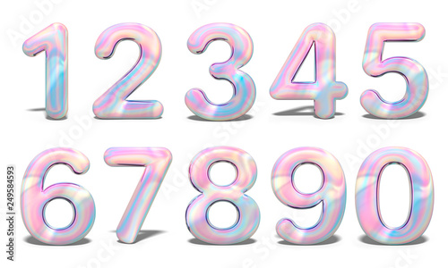 Set with colorful set numbers 3d holographic on white background. Geometric font. Celebration & party. Business card. Metal font. 3d rendering