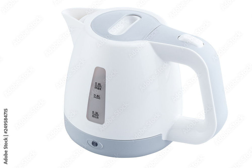 White, plastic electric kettle isolated on white background White, plastic electric kettle isolated on white background