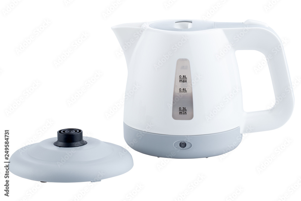 White, plastic electric kettle isolated on white background White, plastic electric kettle isolated on white background
