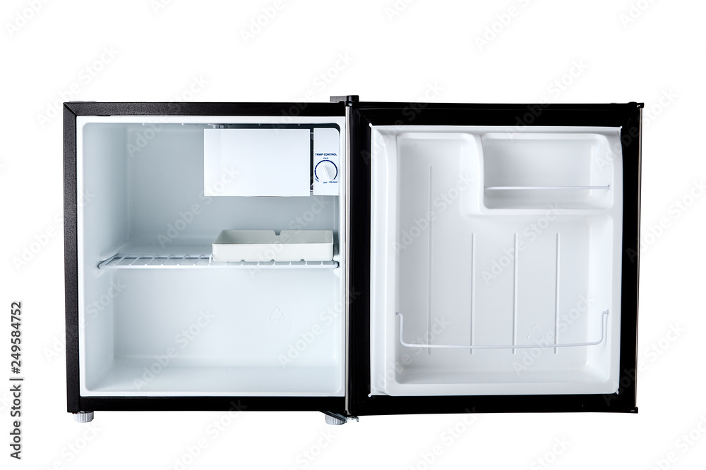 Open mini refrigerator cut out on white background. Open mini refrigerator cut out on white background.