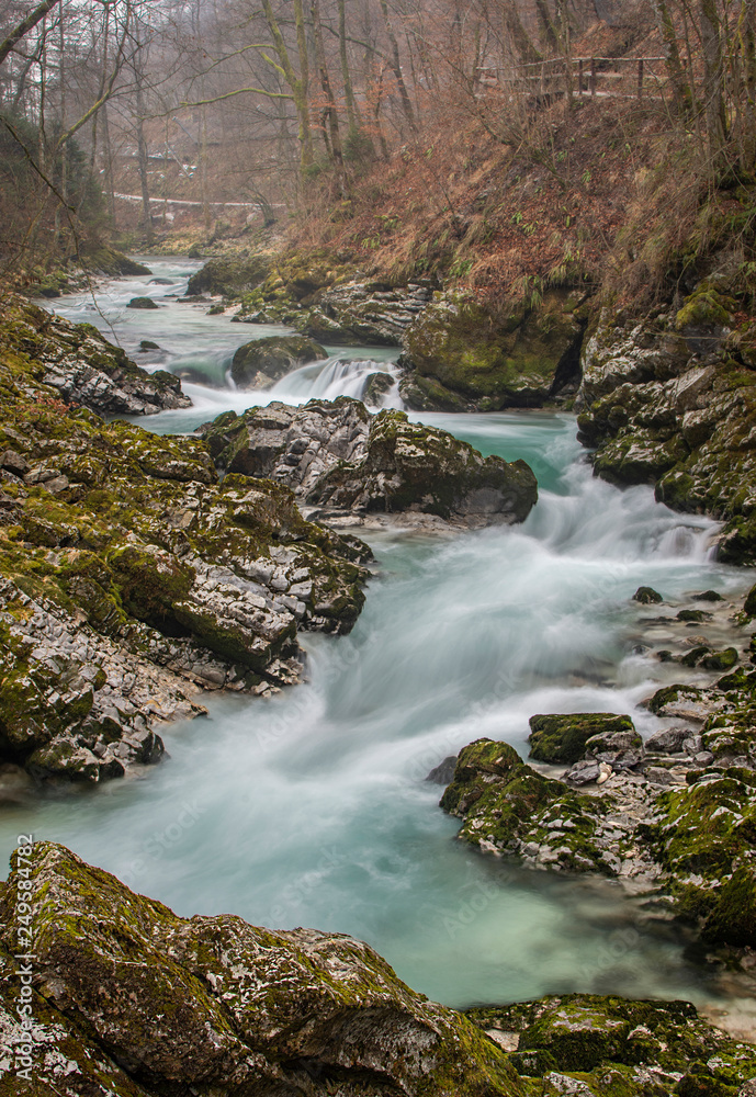 Beautiful Radovna River in The Vintgar Gorge or Bled Gorge, Slovenia in winter. Vertical photo. Beautiful Radovna River in The Vintgar Gorge or Bled Gorge, Slovenia in winter. Vertical photo.