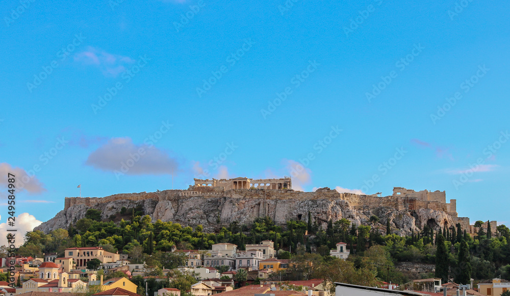 Panorama of the Acropolis of Athens from a rooftop near Monastiraki Place, Athens, Greece