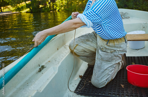 Process of cacthing  crawfish  and tackle in sweet water mountain lake photo