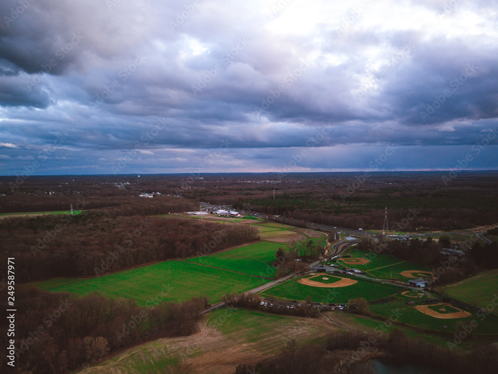 Aerial of Dramatic Sky Over Baseball Fields Old Bridge New Jersey