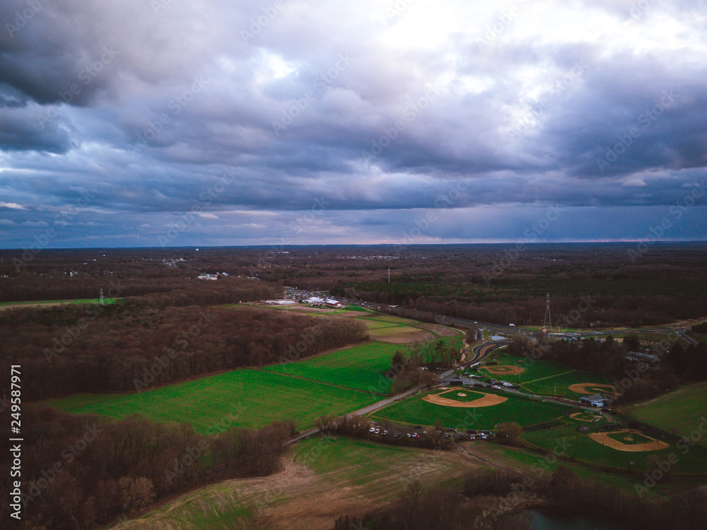 Aerial of Dramatic Sky Over Baseball Fields Old Bridge New Jersey Aerial of Dramatic Sky Over Baseball Fields Old Bridge New Jersey