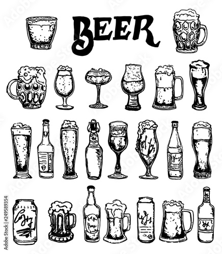 Set of beer objects. Hand drawn illustration. Set of craft beer bottles in ink hand drawn style.