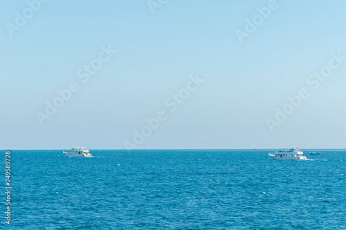 Tourist ship sailing in ocean. shipping business tourism concept. Background. Blue sea, pink sky at dawn and a white ship on the horizon. Concept of rest, vacation, weekend and cruise © jollier_