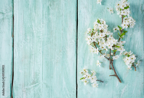 spring blossoms on wooden surface