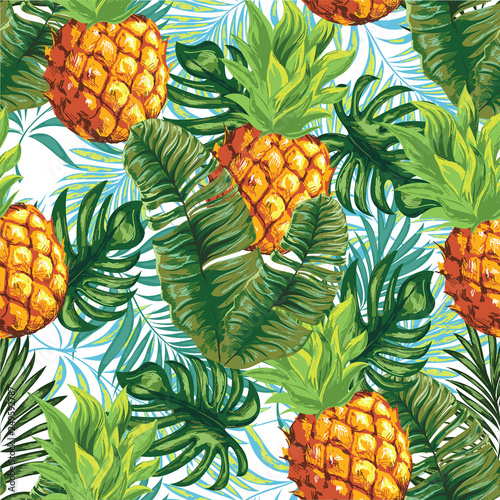 Fototapeta Naklejka Na Ścianę i Meble -  Pineapples are ripe, tropical with palm branches on a black background. Seamless vector pattern.