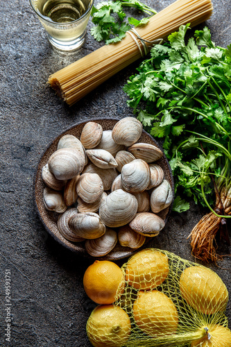Ingredients for preparation spaghetti with clams - raw fresh clams, spaghetti coriander, white wine lemon
