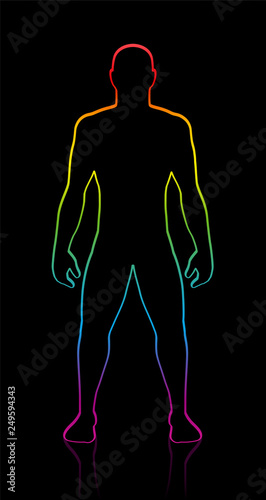 Male body shape of muscular, athletic, young man. Rainbow gradient colored silhouette. Outline vector illustration on black background.