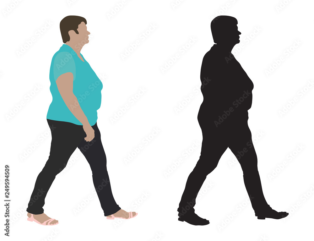 Fat woman going and silhouette, side view, vector illustration, isolated on white background. Fat woman going and silhouette, side view, vector illustration, isolated on white background.