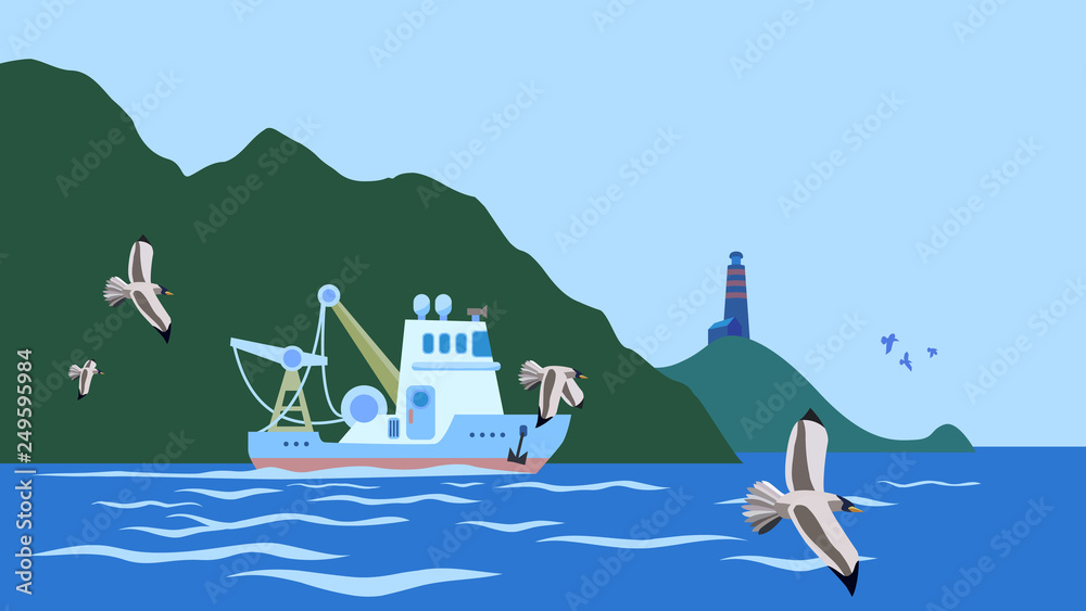 Φωτογραφία Beauty seagulls above surfase of ocean, trawler ship wich cranes goes to sea pas