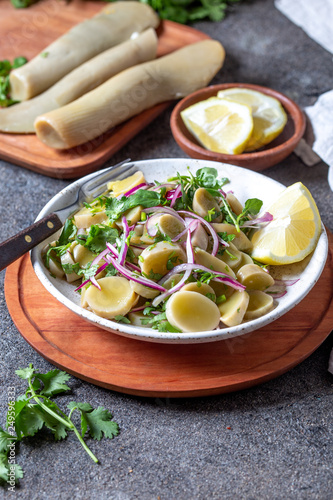 SEAWEED ULTE or HULTE. Chilean ulte salad ceviche with purple onion, coriander and lemon juice. Pacific edible seaweed