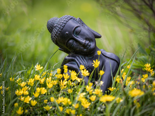 Black resting buddha statue in a garden