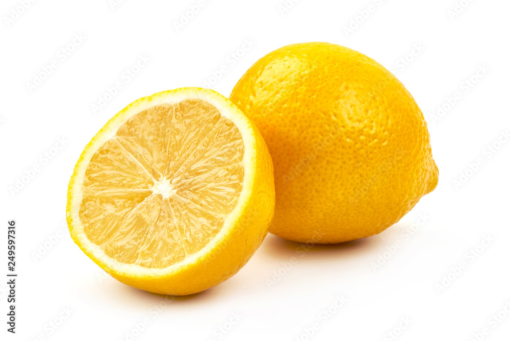 Lemon Citrus Fruit with Ripe Juicy slice, closse-up, isolated on white background