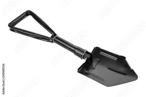 universal folding camping shovel, black engineer shovel, on a white background