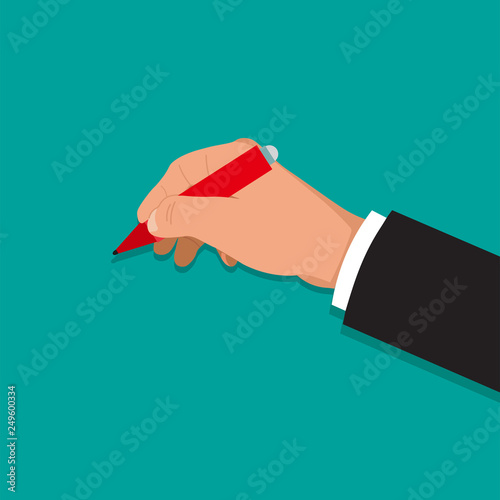 The hand holds a pen. A hand with an office subject in 3D style on the isolated green background. Vector illustration. Design element. 