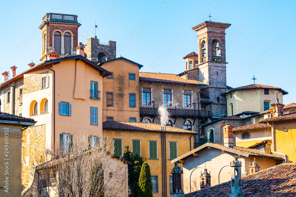Landmarks of Italy - beautiful medieval town Bergamo, Citta Alta from viewpoint, Lombardy, Italy, Europe