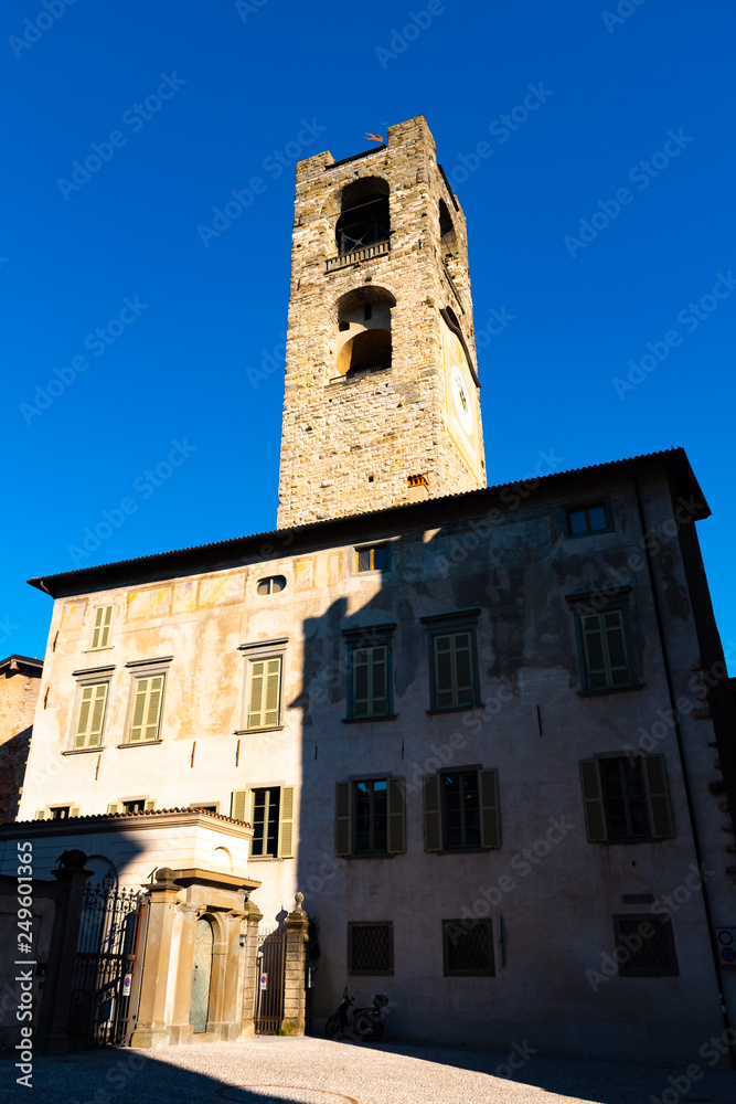 Campanone Civic Tower at main square Piazza Vecchia in Upper Medieval Town in Bergamo