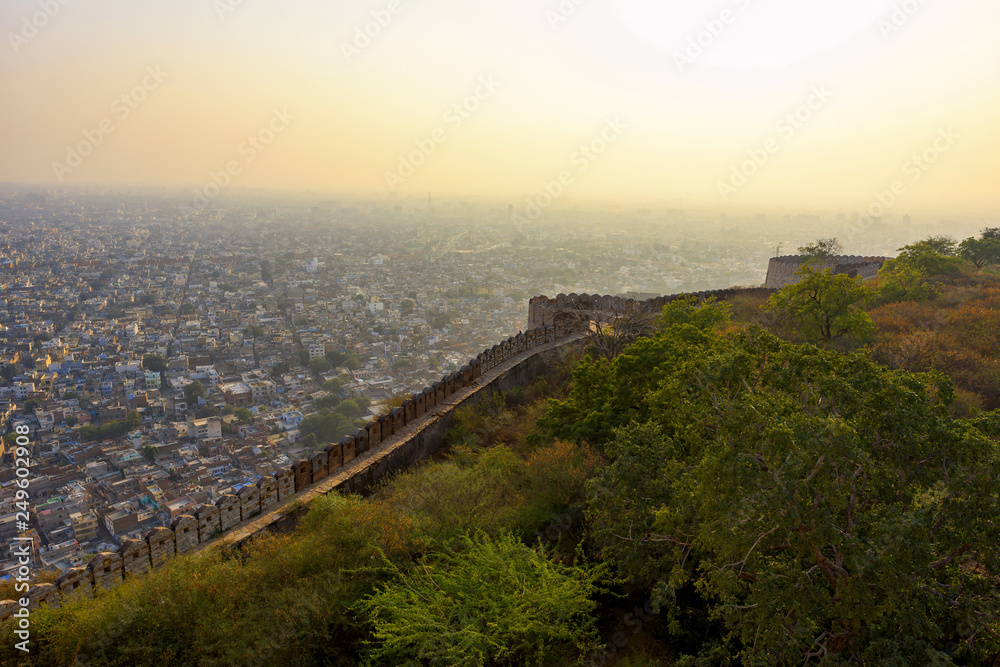 Beautiful sunset view from Nahargarh Fort stands on the edge of the Aravalli Hills, overlooking the city of Jaipur in the Indian state of Rajasthan, India.