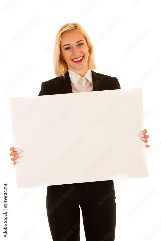 Attractive business woman hilding blank white banner isolated over white background Attractive business woman hilding blank white banner isolated over white background