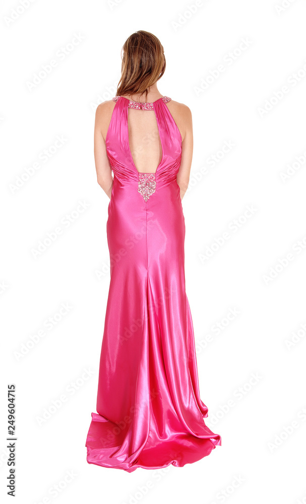 Gorgeous woman standing is a long pink dress from back
