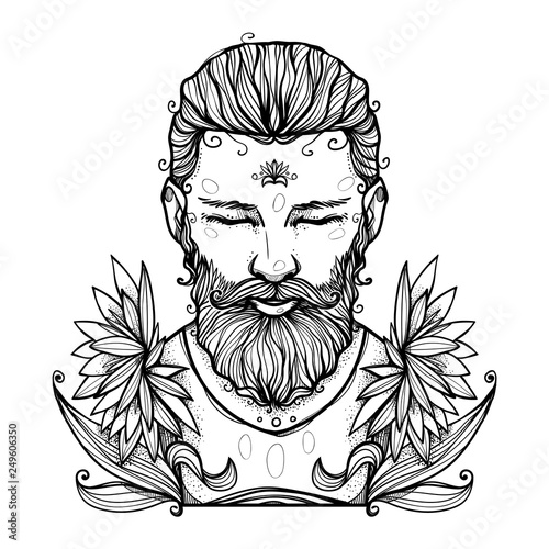 The man with a beard and flowers. Modern character illustration. Nice print or emblem. Contemporary graphic artwork.