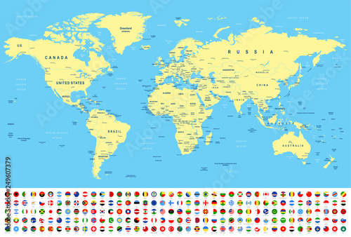 Fototapeta Naklejka Na Ścianę i Meble -  World Map and Flags - borders, countries and cities -illustration