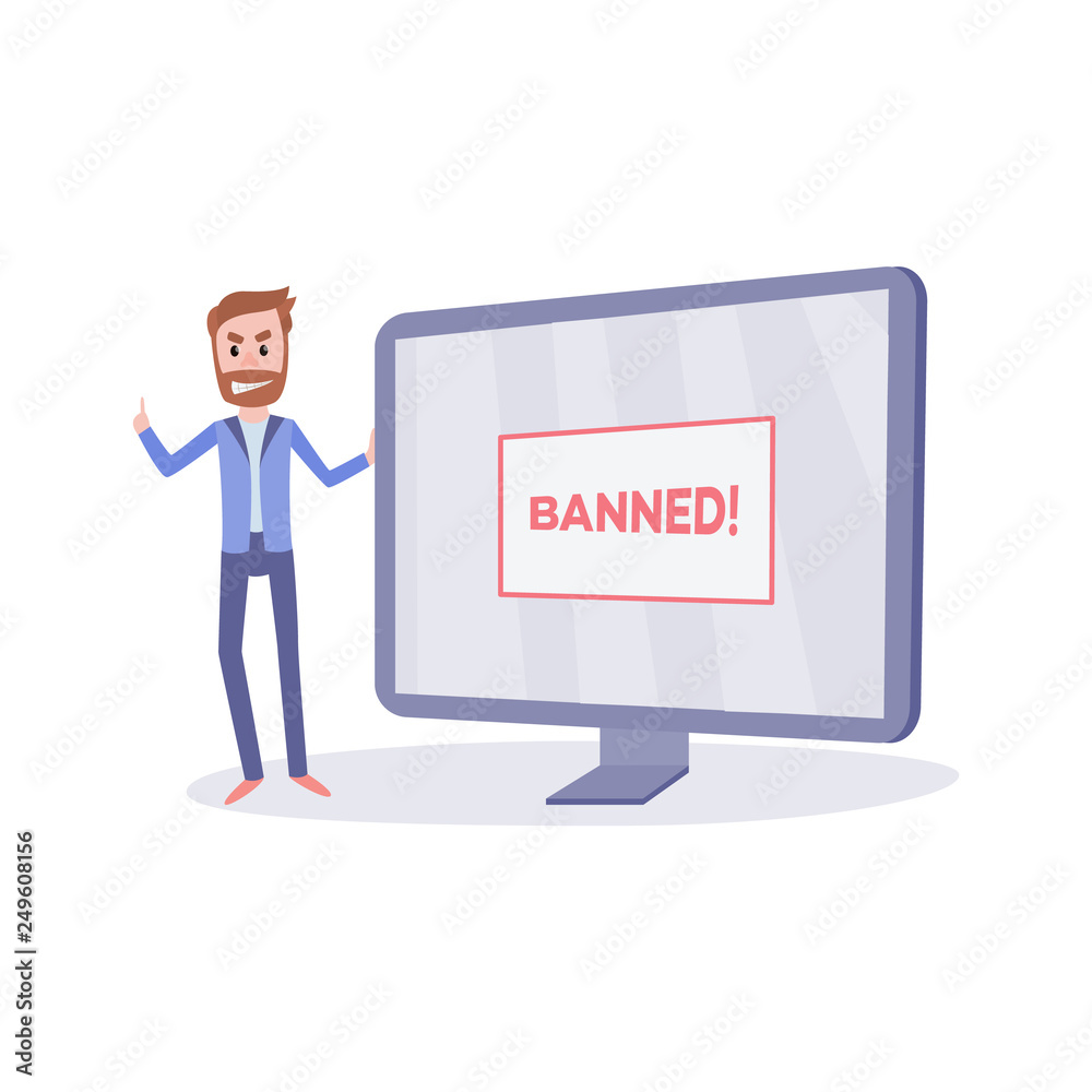Blocked access to web pages concept - young bearded man near computer monitor with idea how to bypass internet ban. Blocked access to web pages concept - young bearded man near computer monitor with idea how to bypass internet ban.