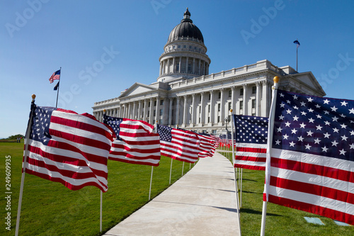 Utah State Capitol in Salt Lake City, Utah, USA. Wtih flags of the USA.