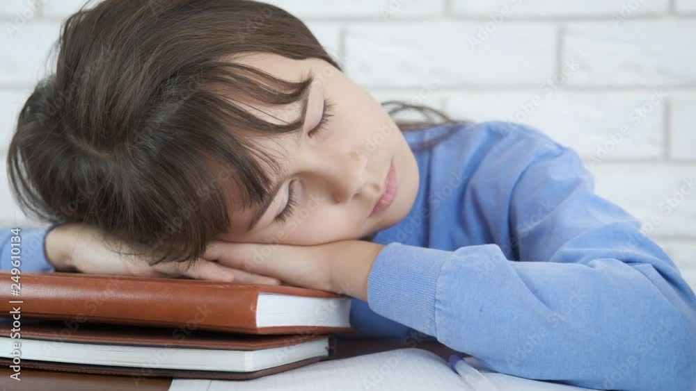 Schoolgirl fell asleep on the books. The little girl fell asleep on the books. Schoolgirl fell asleep on the books. The little girl fell asleep on the books.