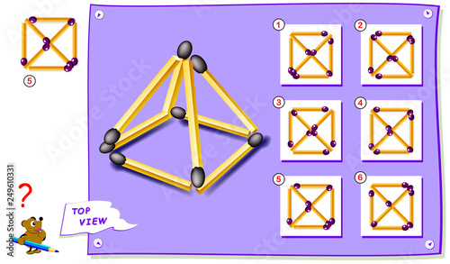 Logic puzzle game for kids. Need to find correct top view of pyramid of matches. Printable page for brainteaser book. Development of children spatial thinking skills. Vector cartoon image.