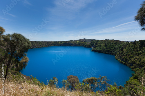 Panorama view of Blue Lake, a volcanic crater at Mount Gambier-South Australia in a sunny day