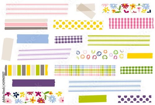 Collection of washi tape strips in spring colors. Semi-transparent masking tape or adhesive strips for frames, borders, photos, scrapbooking etc. Flower, stripe, polka dot, plaid and gingham strips.