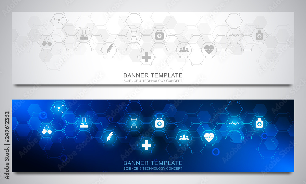 Banners design template with hexagons pattern and medical icons. Healthcare, science and technology concept.