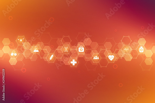 Healthcare medical and science background with icons and symbols. Innovation technology concept.