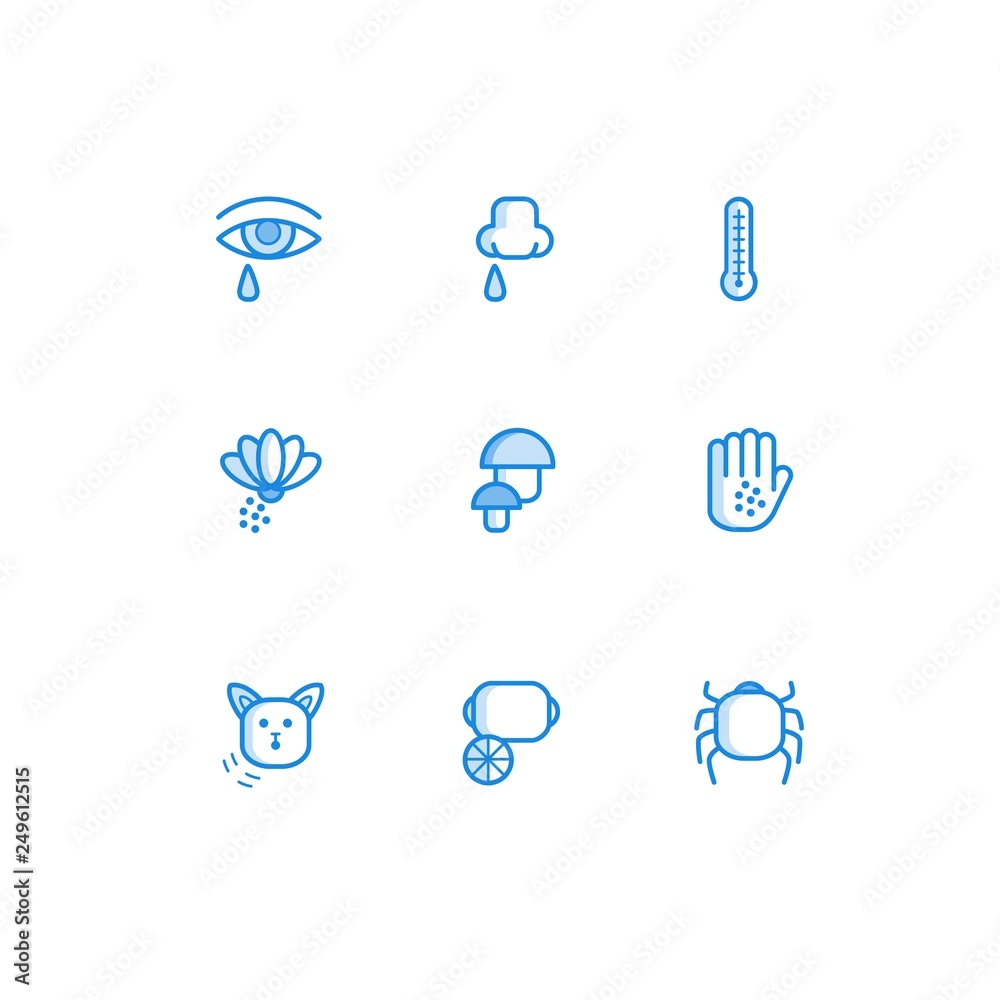 Allergy outline icons set with symptoms of disease and factors that cause body reaction. Allergy outline icons set with symptoms of disease and factors that cause body reaction.