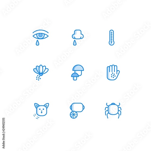 Allergy outline icons set with symptoms of disease and factors that cause body reaction.