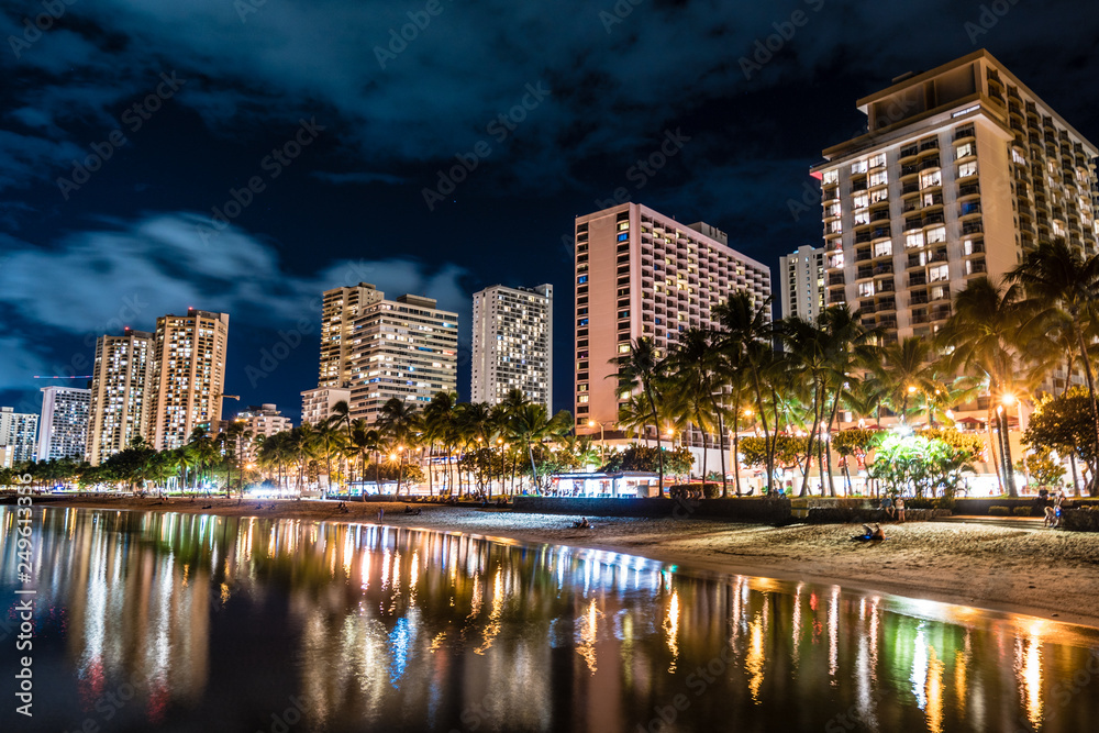 Downtown Honolulu Beach Skyline Night