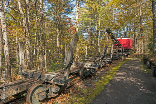Preserved Log Cars and Log Crane in a Forest