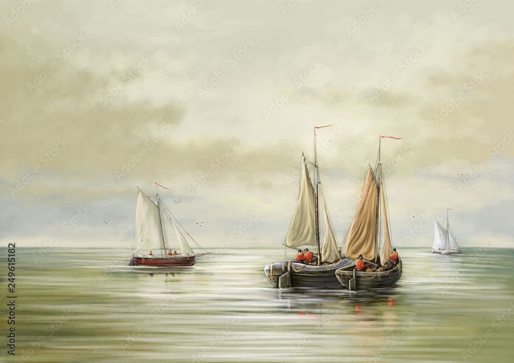 Paintings sea landscape, sailing ship in the sea. Fine art