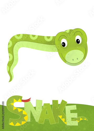 cartoon scene with snake card on white background with name of animal - illustration for children