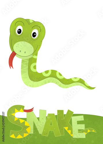 cartoon scene with snake card on white background with name of animal - illustration for children