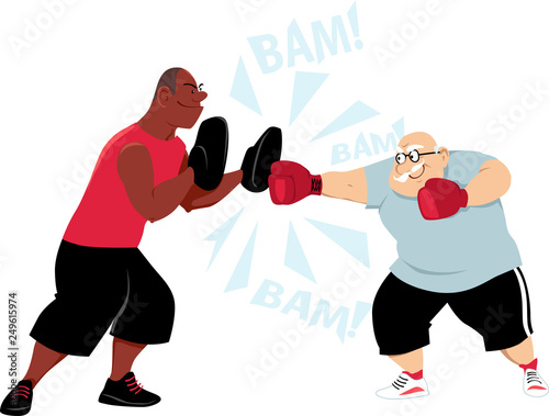 Elderly man doing boxing mitt drill with a young trainer, EPS 8 vector illustration	